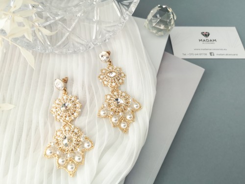 Auskarai - Barocco Vėduoklės - White - Gold - Wedding - Long 