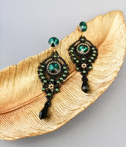 Auskarai - Flamenco - Emerald - Black - Gold