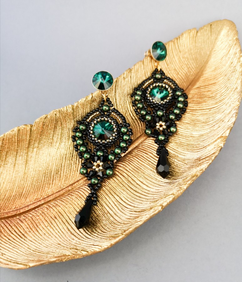 Auskarai - Flamenco - Emerald - Black - Gold