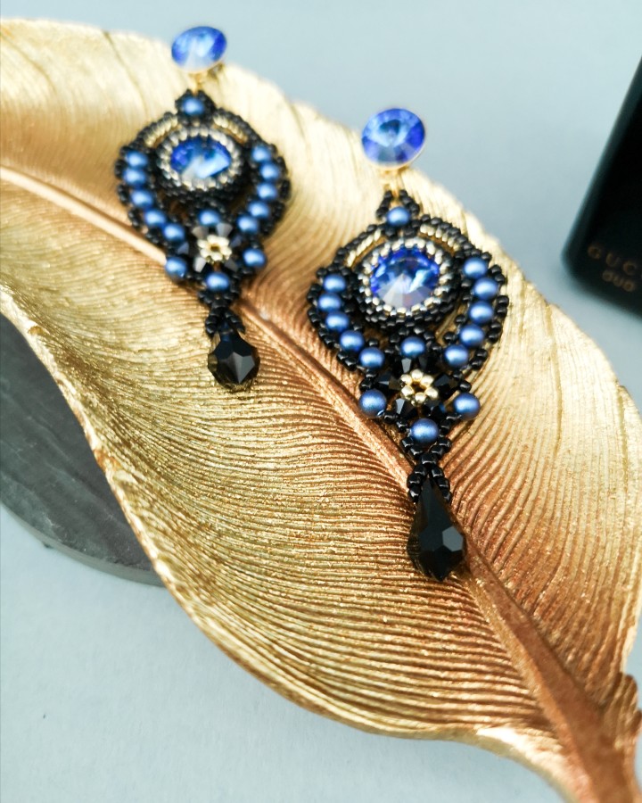 Auskarai - Flamenco - Sapphire - Black - Gold