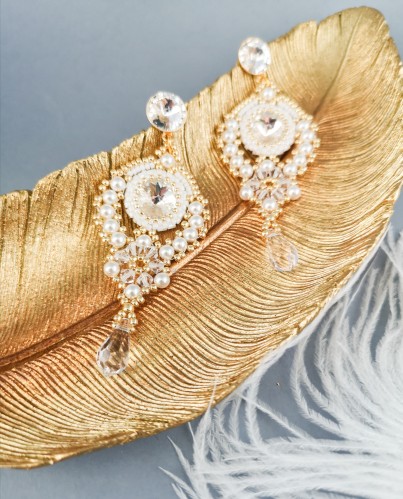 Auskarai - Flamenco - Warm White - Gold - Crystal - Wedding 