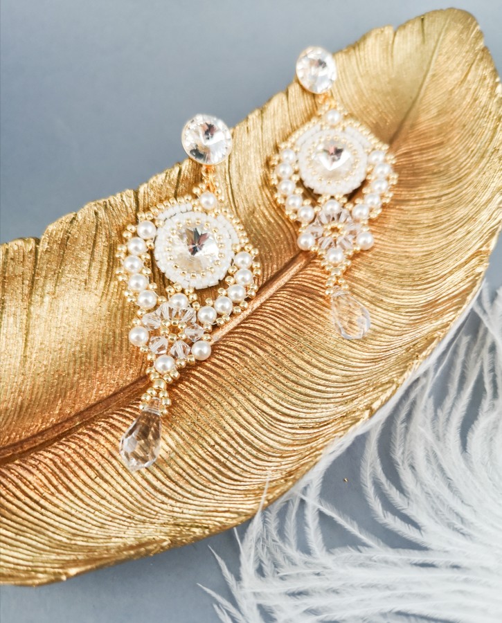 Auskarai - Flamenco - Warm White - Gold - Crystal - Wedding 