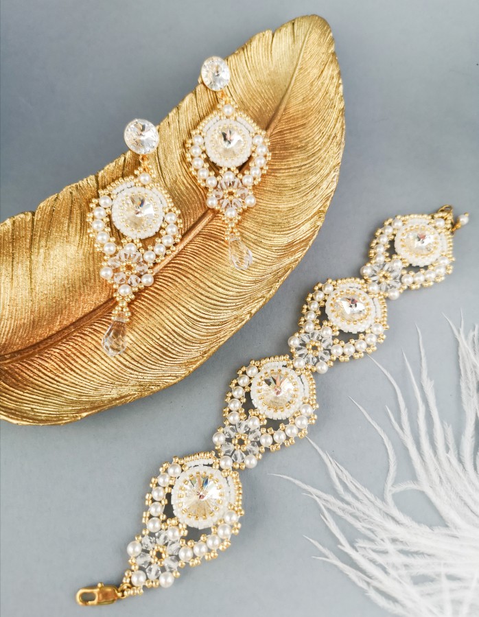 Auskarai - Flamenco - Warm White - Gold - Crystal - Wedding 