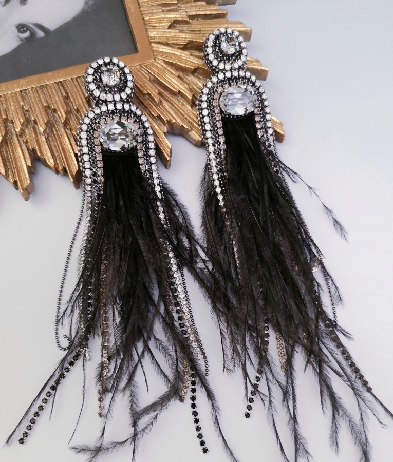 Auskarai - Fortūna - Plunksnos - Black - Silver Night crystals - Long 