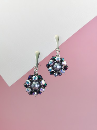 Auskarai - Klipsai - Spindintys perlai - Light grey - Paradise shine crystals - Silver 