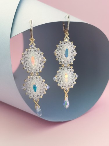 Auskarai - Nėriniuoti rombai - White - Gold 