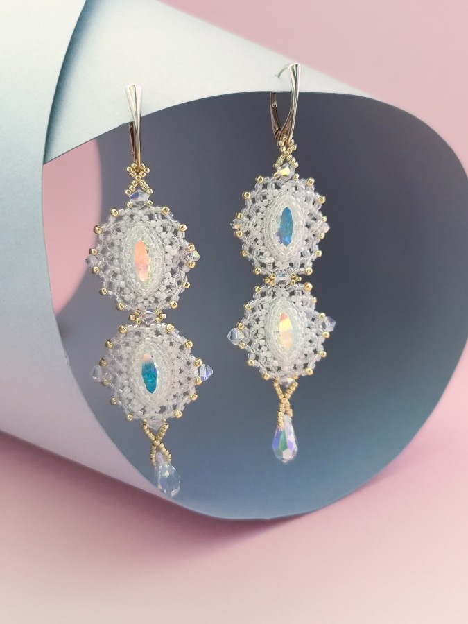 Auskarai - Nėriniuoti rombai - White - Gold 