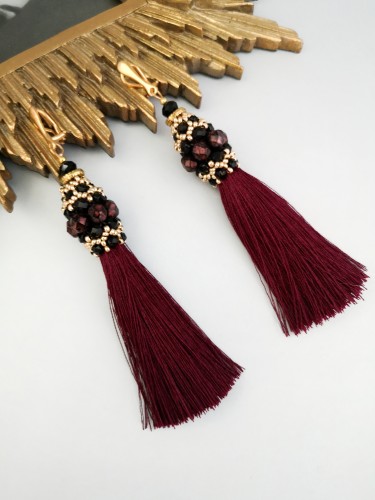 Auskarai - Klipsai - Kutai - Burgundy - Black crystals - Gold 