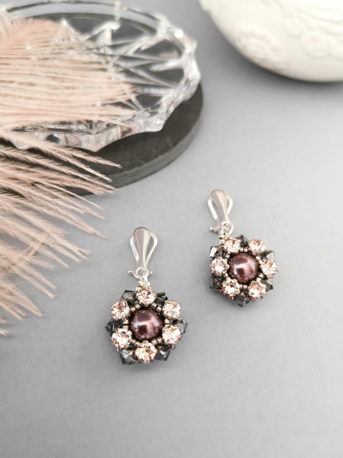 Klipsai - Spindintys perlai - Burgundy - Antique pink crystals - Silver 