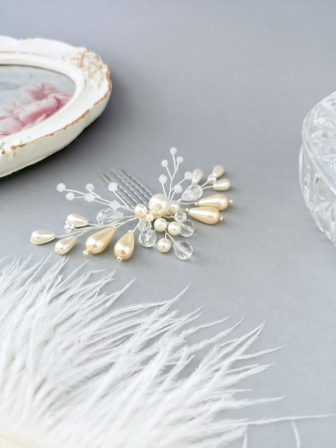 Plaukų papuošalas - Perlų lašai - Cream - Ivory - Crystal - Wedding 