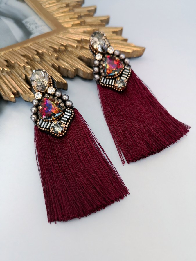 Auskarai - DORA - Burgundy - Black diamond crystals - Gold 