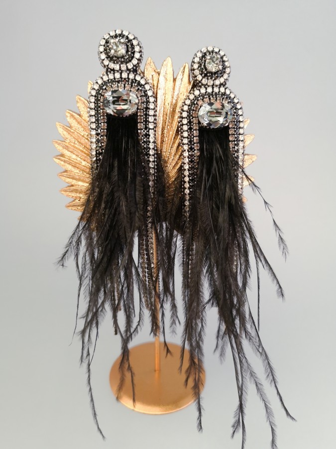 Auskarai - Fortūna - Plunksnos - Black - Silver Night crystals - Long 
