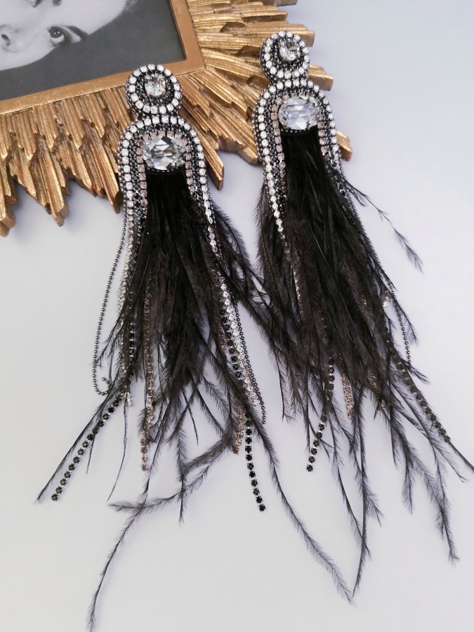 Auskarai - Fortūna - Plunksnos - Black - Silver Night crystals - Long 