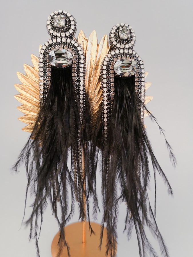 Auskarai - Fortūna - Plunksnos - Black - Silver Night crystals - Long 