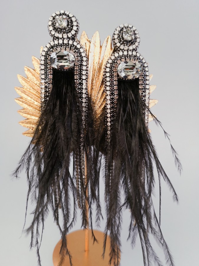 Auskarai - Fortūna - Plunksnos - Black - Silver Night crystals - Long 