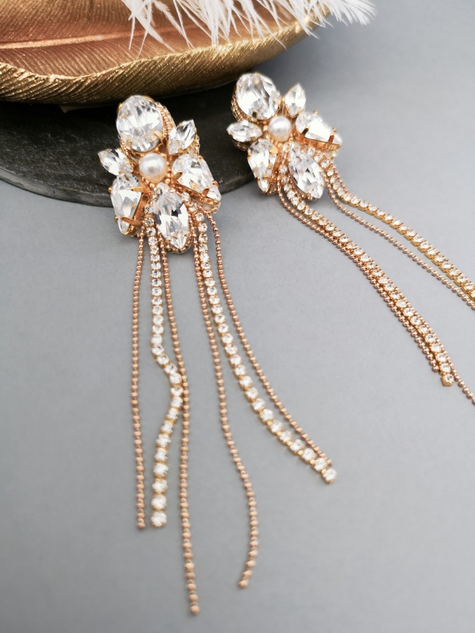 Auskarai - SERENA - White crystals - Gold - Long - Wedding 