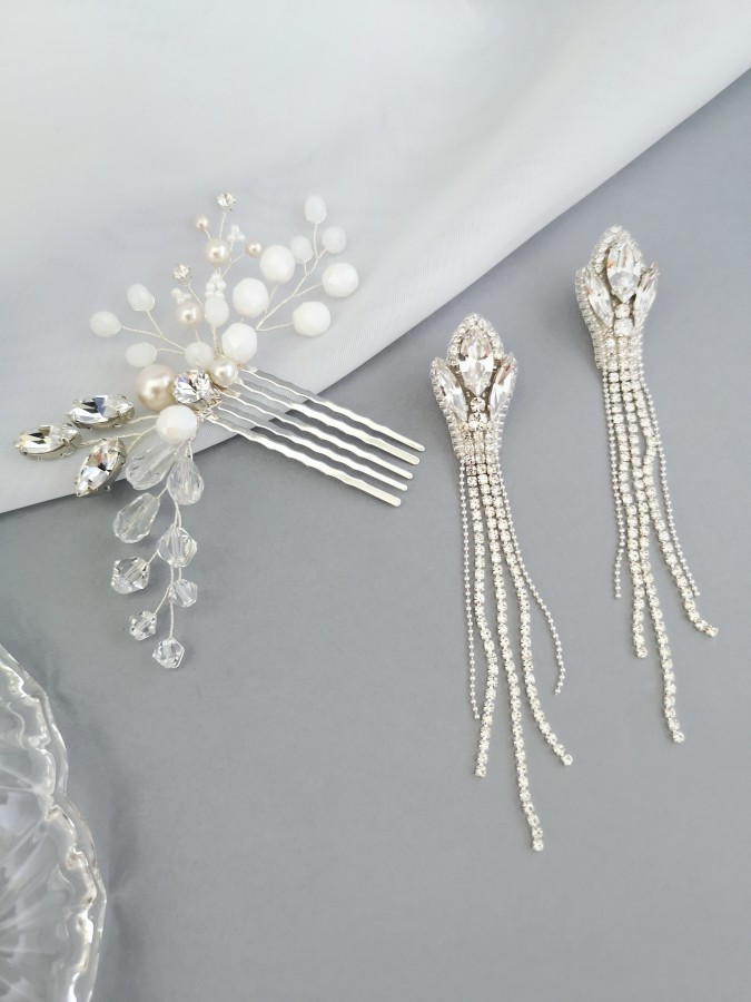 Auskarai - ADELLE - Crystal - Silver - Long - Wedding 