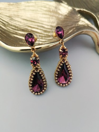 Auskarai - Ilgi lašai - Amethyst Burgundy crystals - Gold 