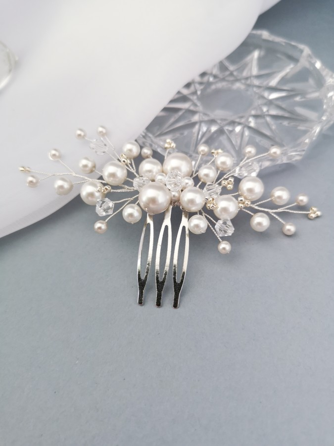 Plaukų papuošalas - Perlų šakelė - White - Crystal - Silver - Wedding 