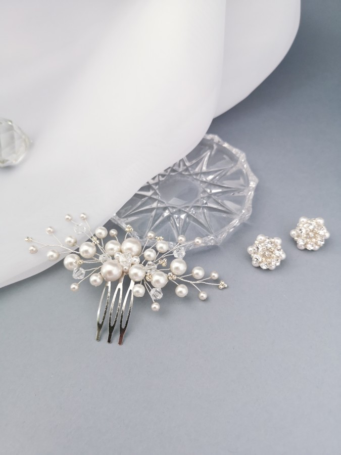 Plaukų papuošalas - Perlų šakelė - White - Crystal - Silver - Wedding 